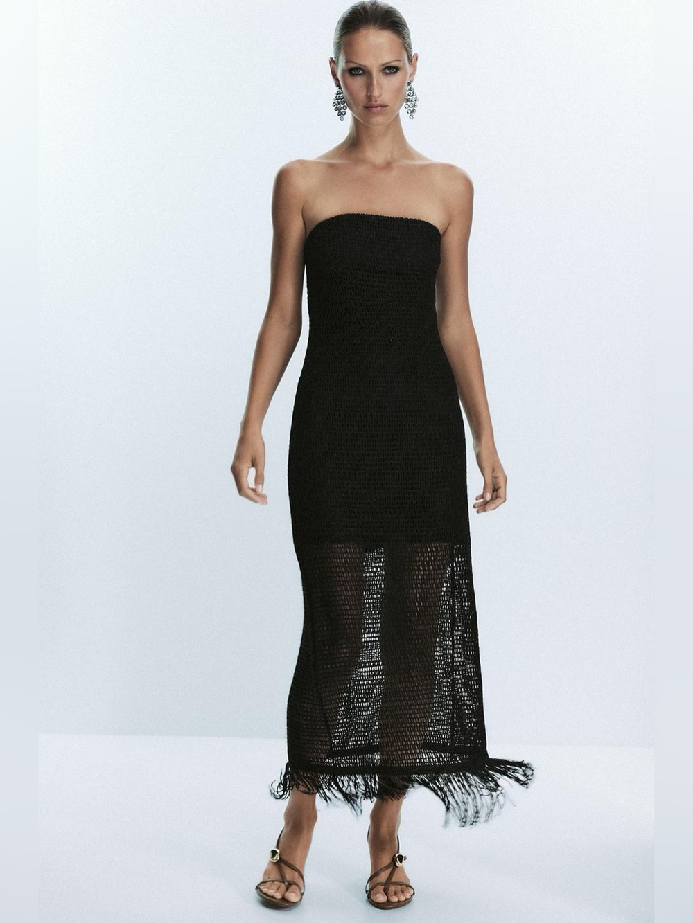 ZARA Strapless Black Fringe Crochet Midi Dress NWT